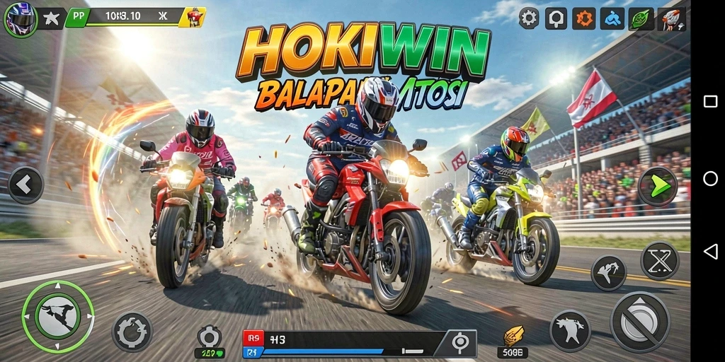 Tampilan gameplay HOKIWIN dengan balapan motor seru dan grafis menawan.