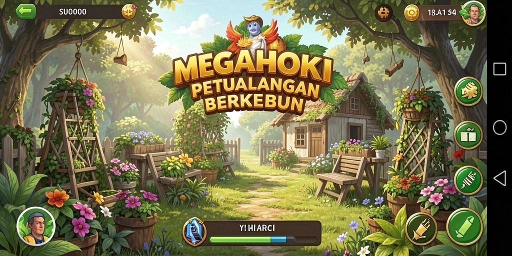 Tampilan gameplay MEGAHOKI dengan suasana perdesaan yang menarik.
