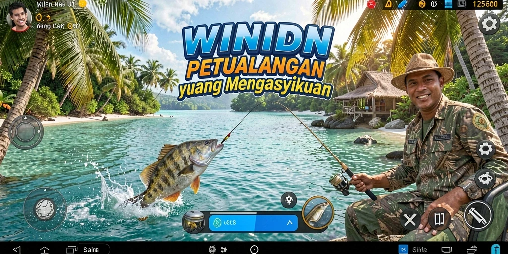 Gameplay WINIDN yang menampilkan memancing di lokasi indah.