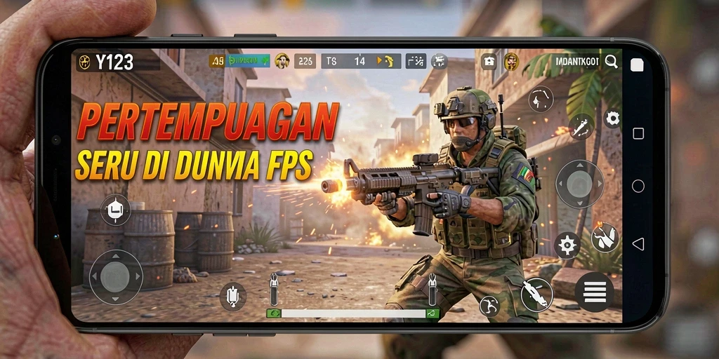 Tangkapan layar gameplay YY123 menampilkan aksi tembak-menembak intens.