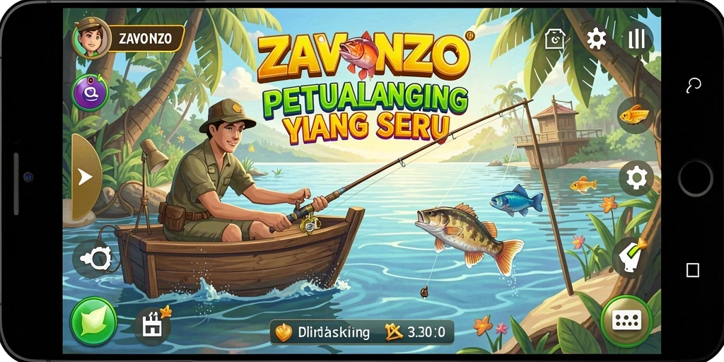 Screenshot gameplay ZAVONZO menunjukkan aksi memancing yang mendebarkan.